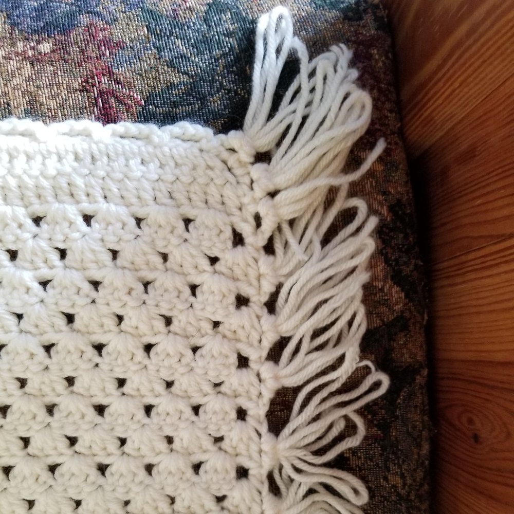 Crochet, lace pattern with fringe, cream afghan/throw/wrap/blanket, handmade